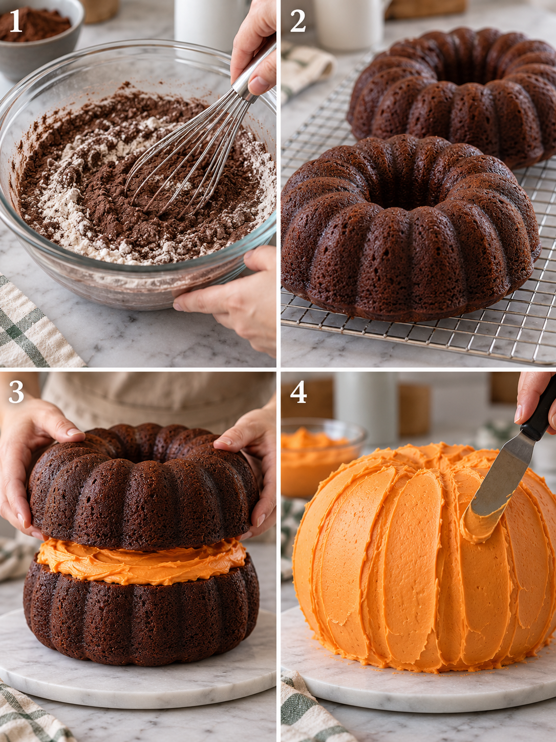 A four-part collage showing the process of whisking dry ingredients, cooling the Bundt cakes, stacking them, and applying the orange frosting.