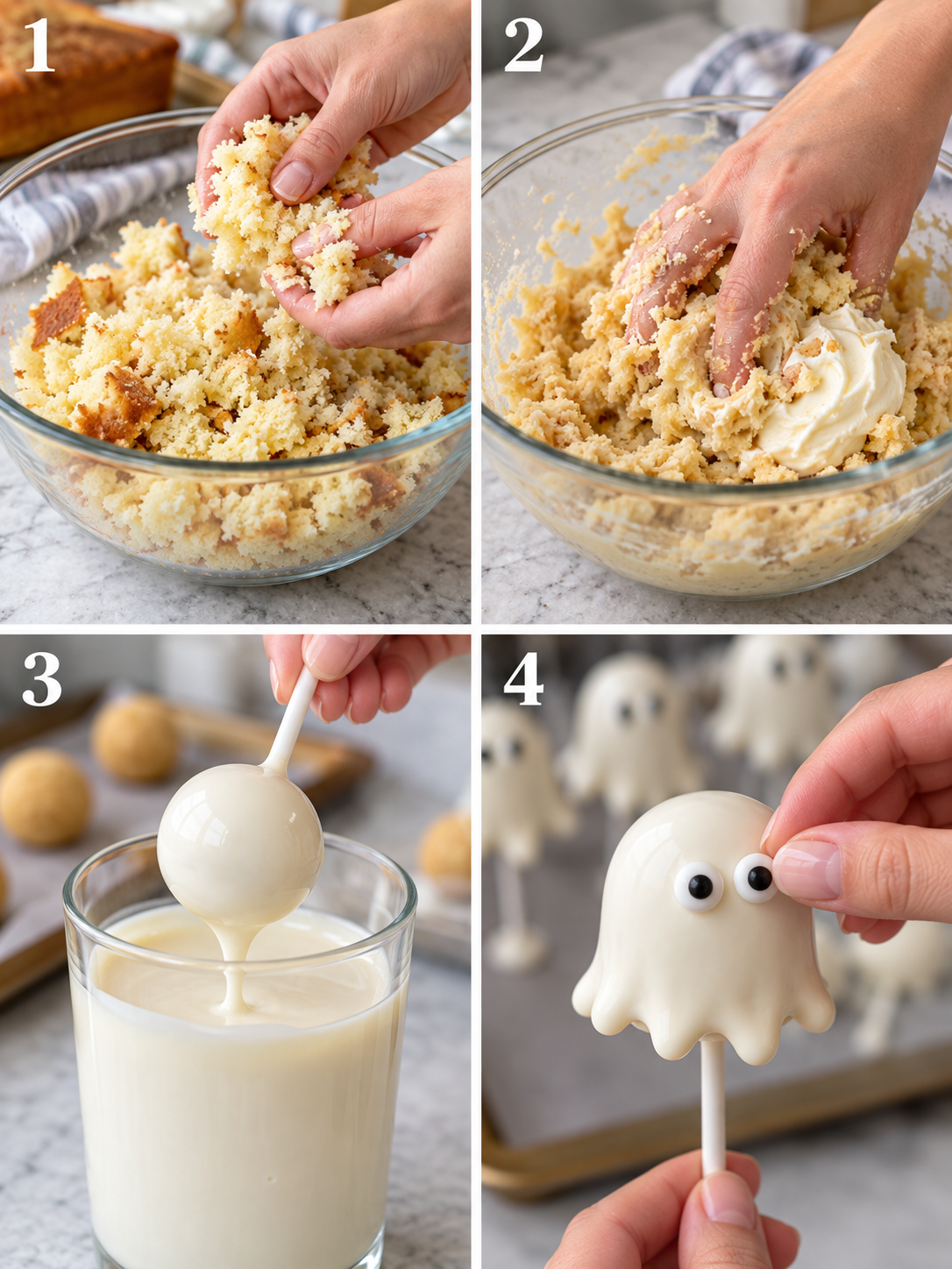A four-panel collage showing the process of crumbling cake, mixing with frosting, dipping in candy coating, and adding candy eyes.