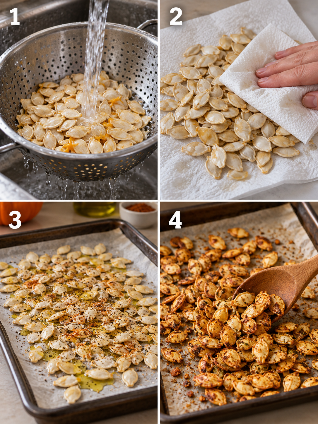 A vertical collage showing four numbered steps: cleaning seeds, drying them on paper towels, tossing with oil and spices, and roasting on a parchment-lined tray.