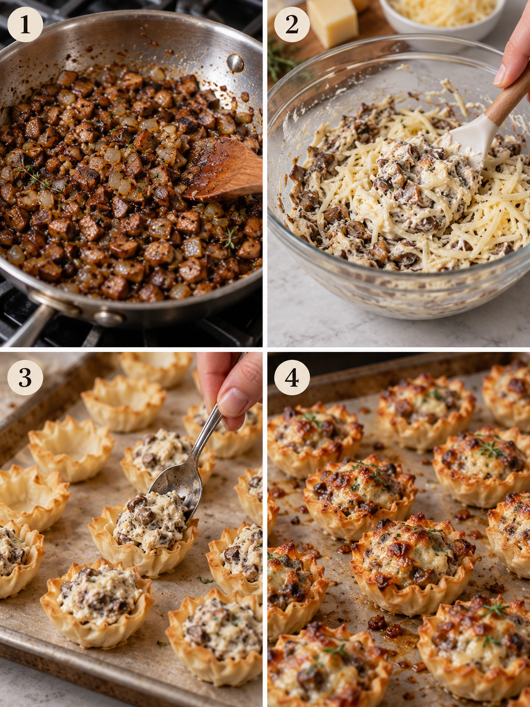 A collage of four images showing the process of sautéing mushrooms, mixing with cheese, filling shells, and baking.