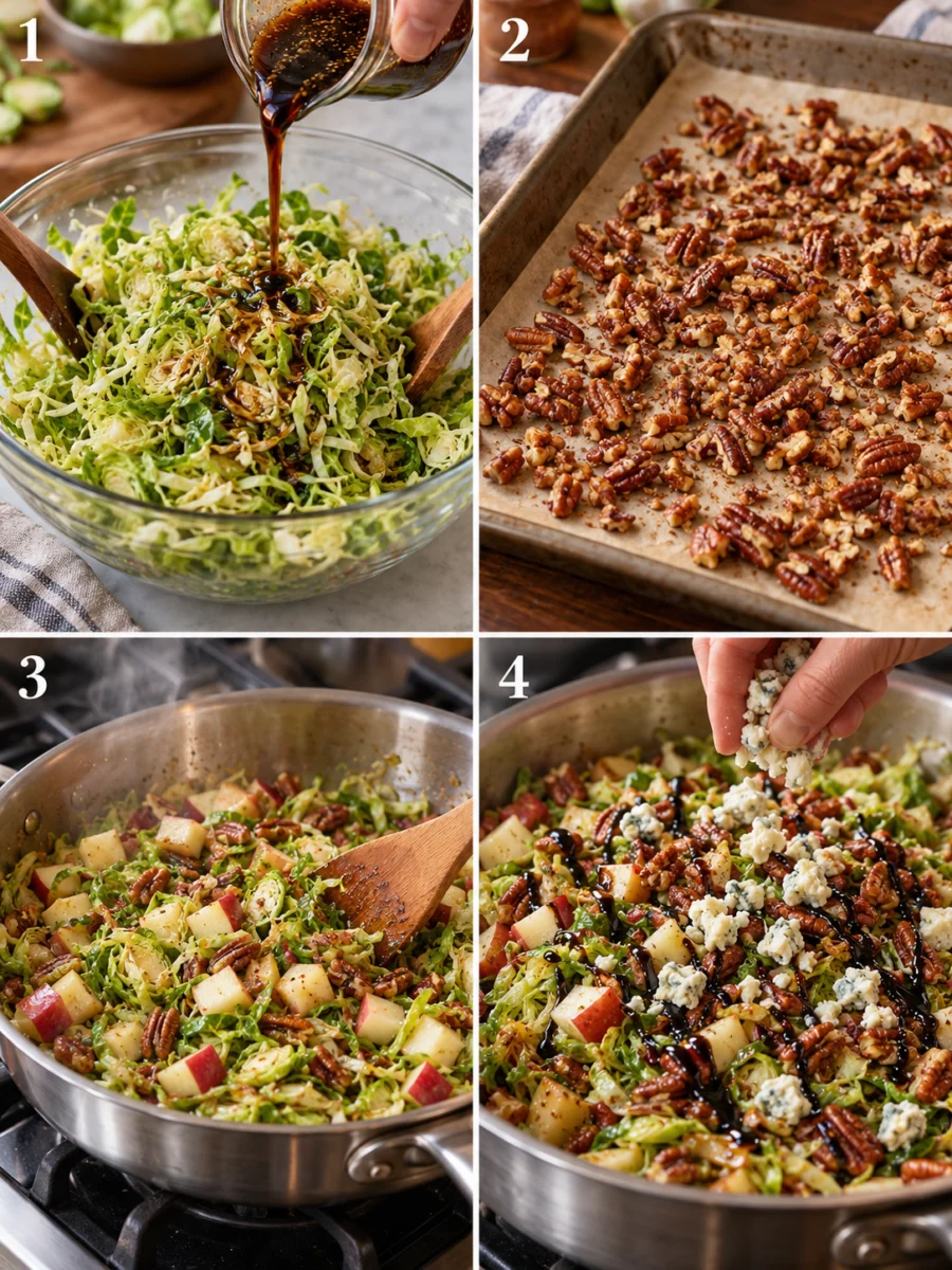 Fall Brussel A four-panel collage showing marinating sprouts, roasting pecans, sautéing the mixture in a skillet, and adding the final dressing and cheese.