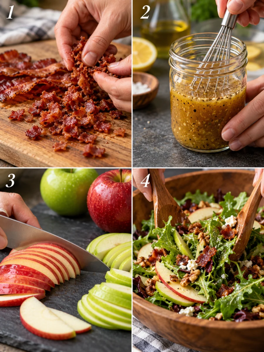 Fall Apple A four-panel collage showing turkey bacon being crumbled, dressing being whisked, apples being sliced, and the final salad being tossed.