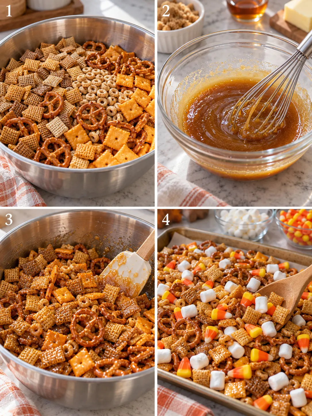 A four-panel collage showing the process of mixing cereals, whisking the maple glaze, coating the mix, and adding the final candy toppings.