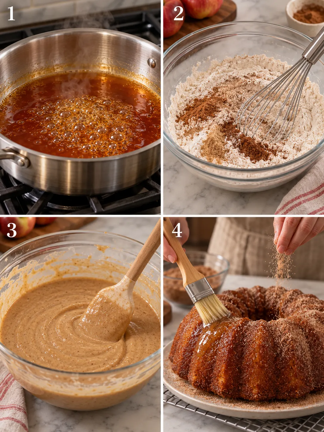 A vertical collage showing the cider reduction process, whisking dry ingredients, mixing the batter, and coating the warm cake with sugar.
