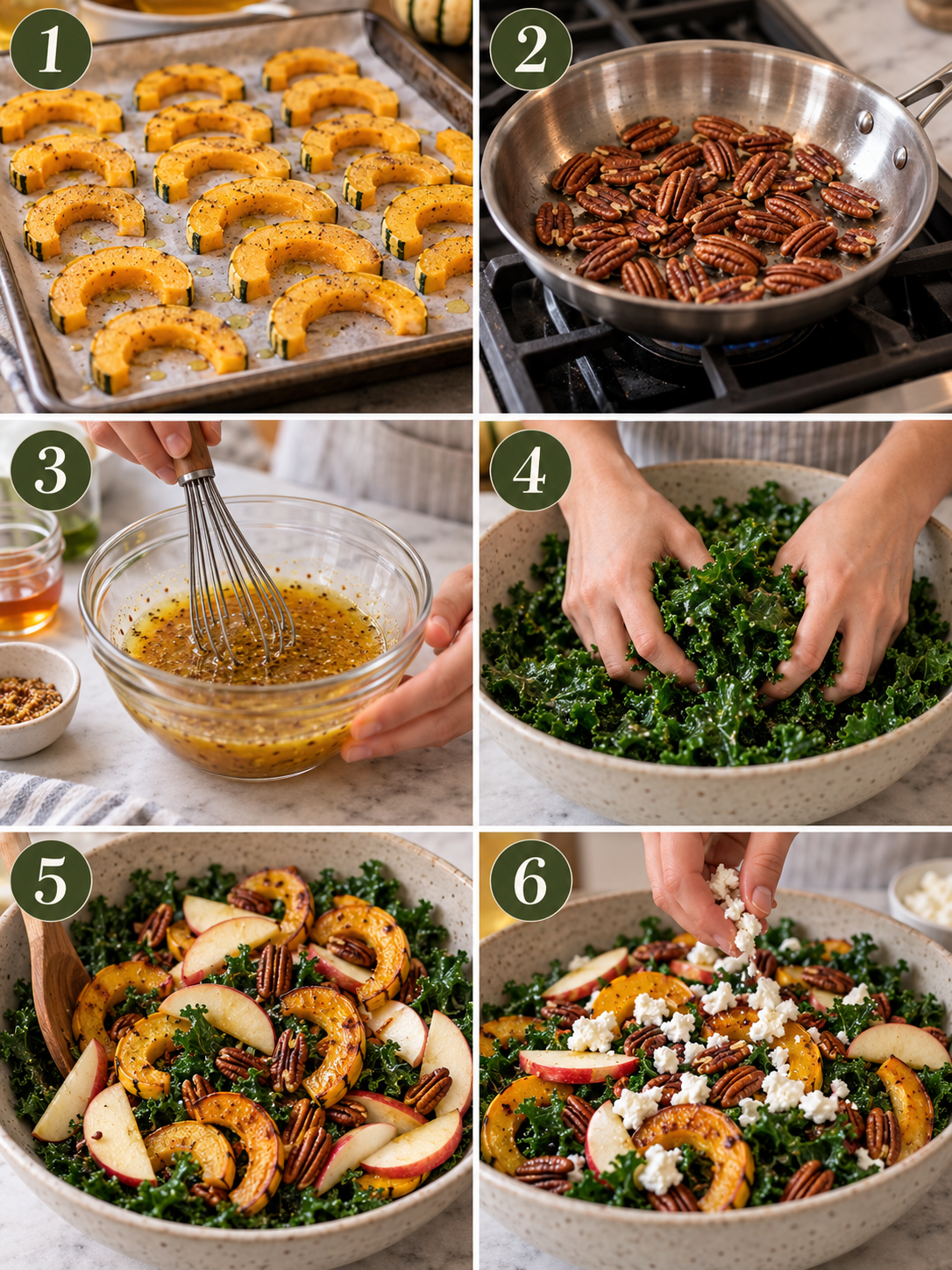 A six-panel collage showing squash roasting, pecan toasting, whisking dressing, kale massaging, and final salad assembly.