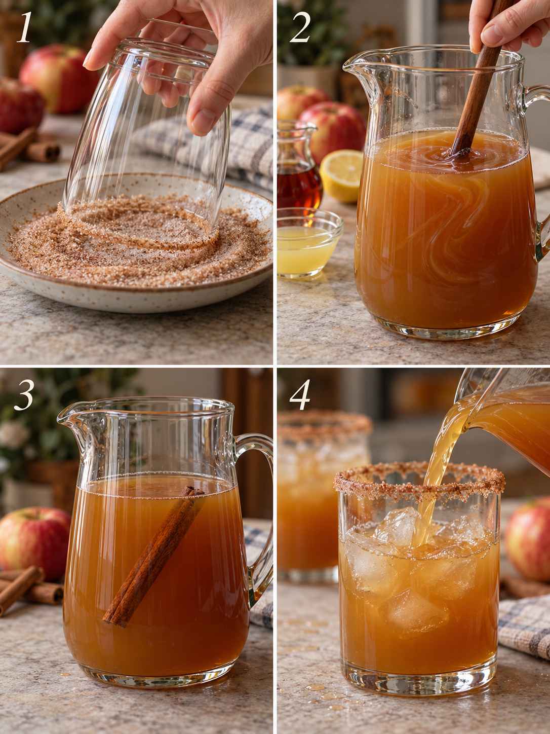 A collage showing four steps: rimming the glass, mixing the cider base, steeping cinnamon, and pouring the finished drink.