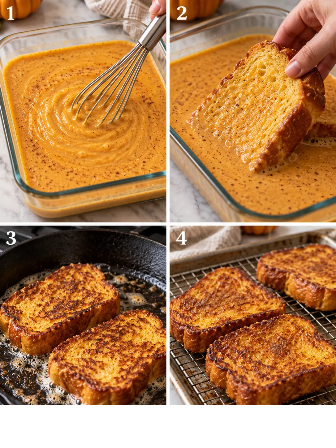 A four-panel grid showing the process of whisking custard, soaking brioche, frying in a skillet, and warming in the oven.