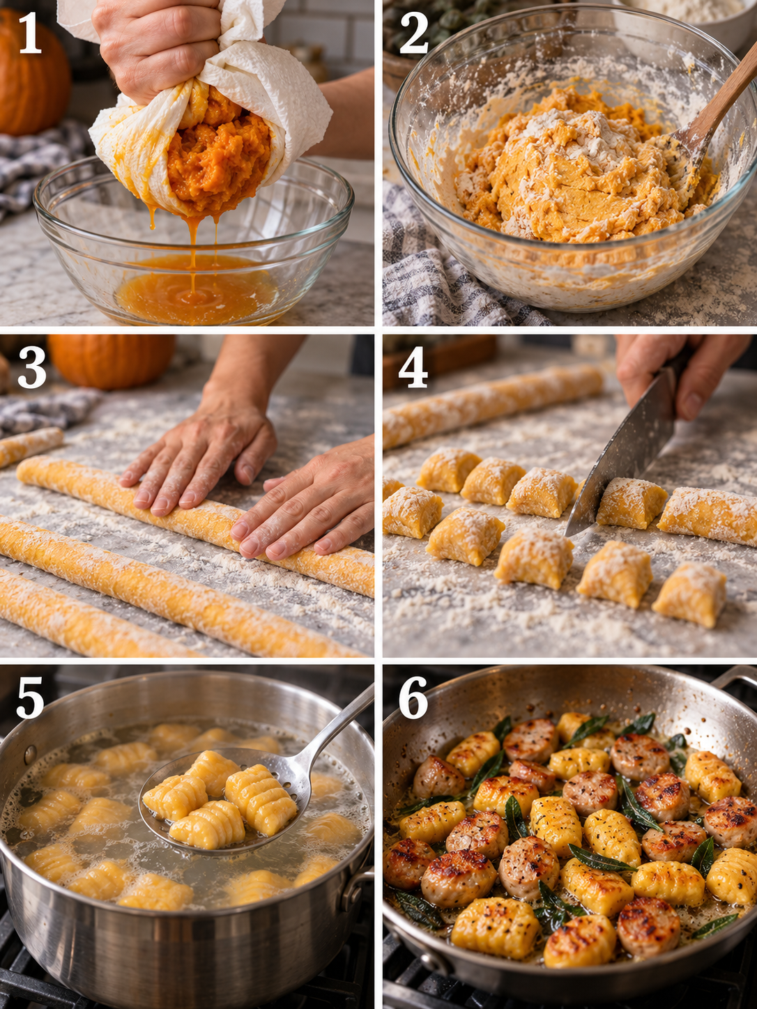 A vertical collage showing six numbered steps of making pumpkin gnocchi, including squeezing the puree, kneading the dough, cutting the pasta, and pan-searing.