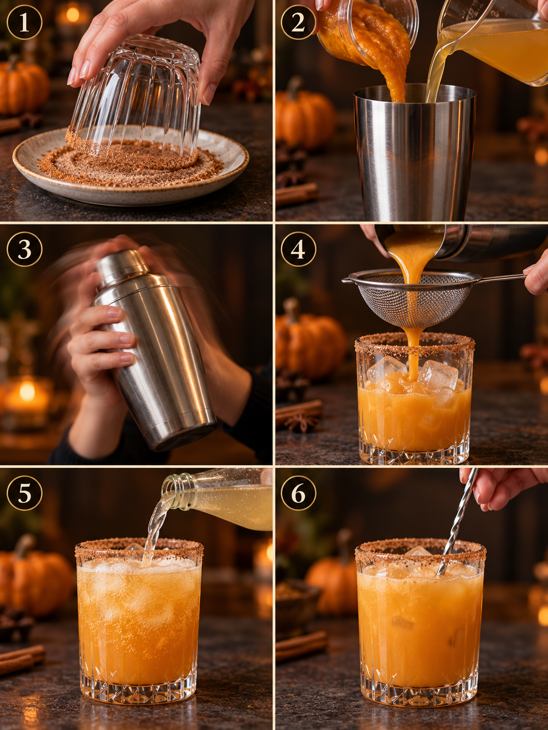 A six-panel collage illustrating the process of rimming the glass, shaking the ingredients, straining, and topping with ginger beer.