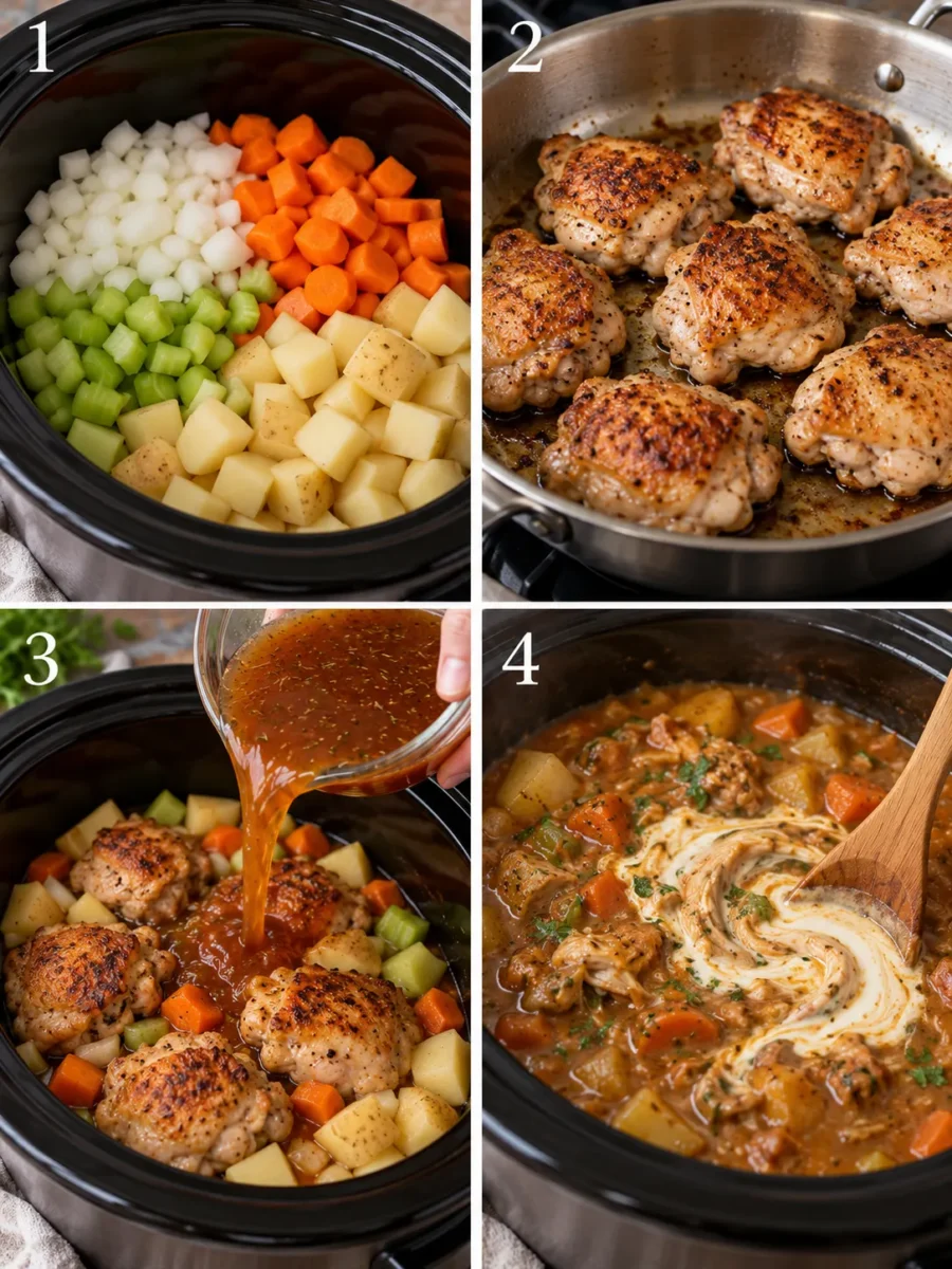Slow Cooker A four-panel collage showing the process of layering vegetables, searing chicken, adding broth, and stirring in heavy cream.