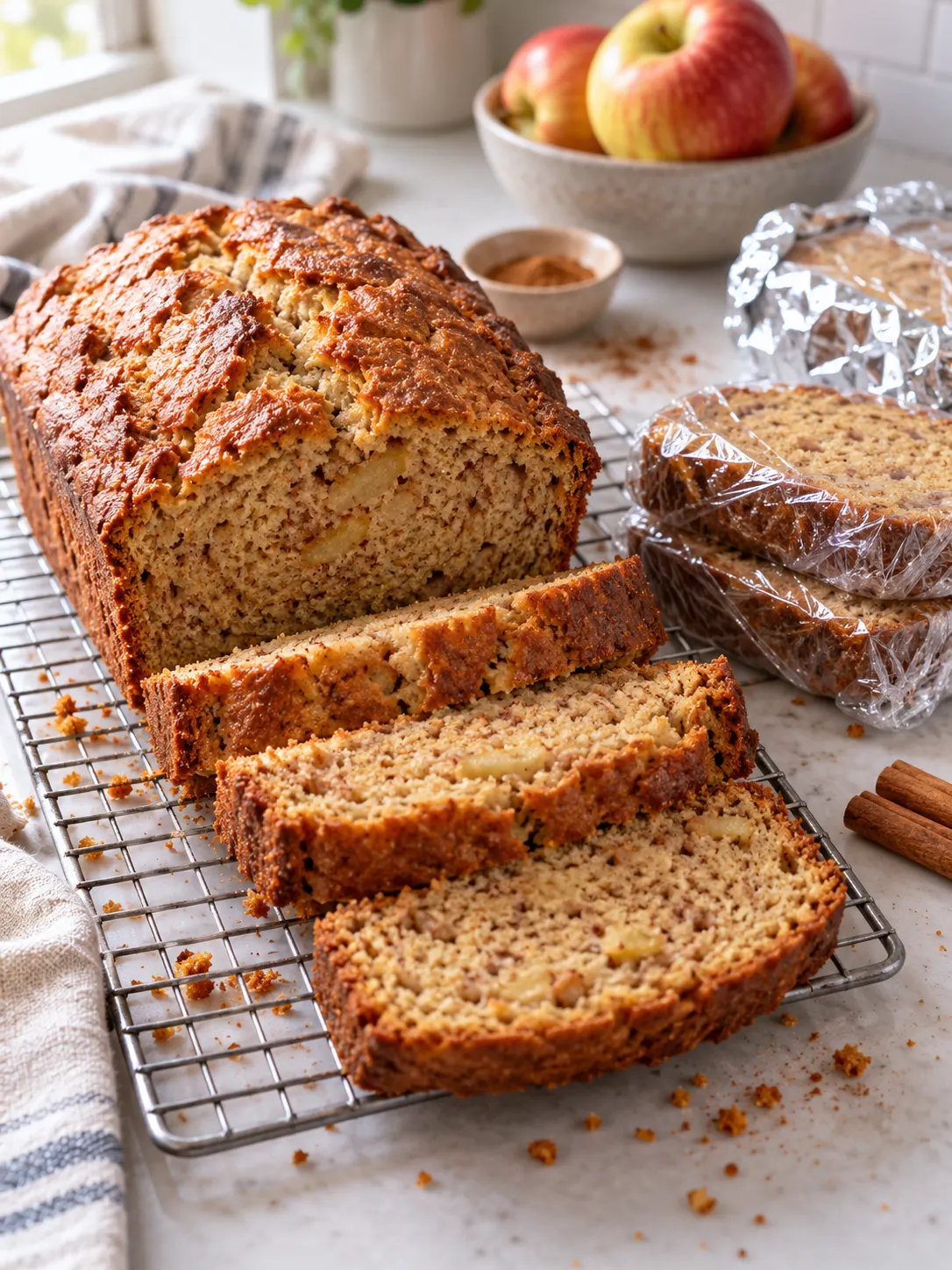 A sliced applesauce bread, wrapped in plastic wrap and arranged on a wire rack, with a few crumbs and spills