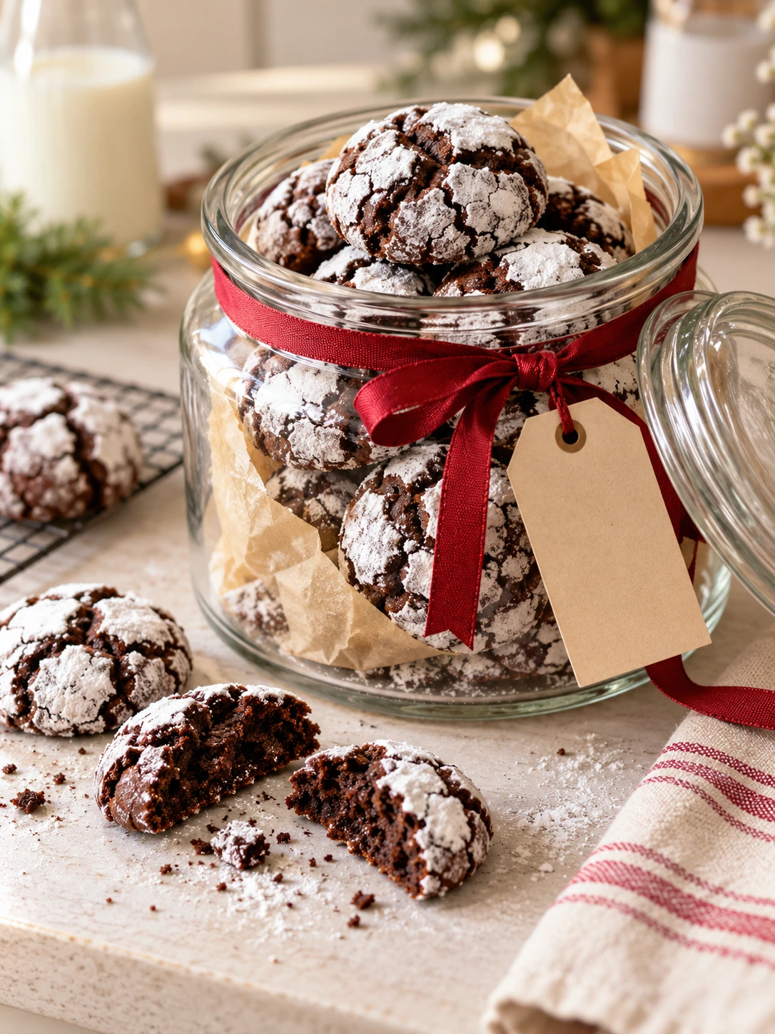 A storage container filled with freshly baked chocolate crinkle cookies, with a few broken in half to show their soft centers