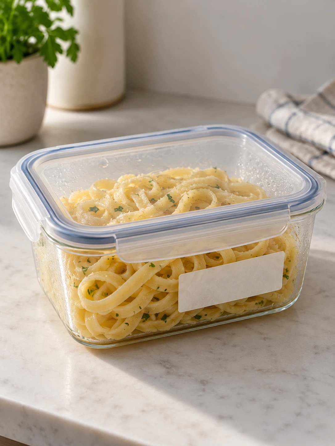 A serving of cooked fettuccine stored in an airtight container on a kitchen counter