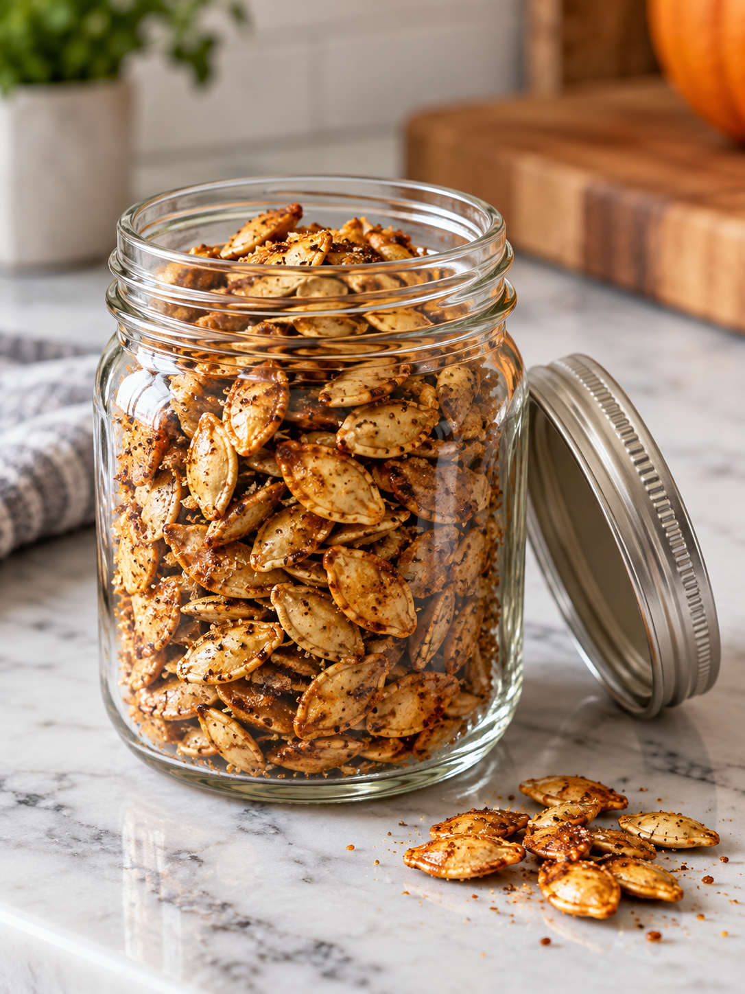 Toasted pumpkin seeds stored in a clear glass mason jar with a metal lid, placed on a kitchen counter with a soft-focus background.