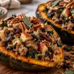 A roasted acorn squash filled with a savory mixture of chicken sausage, wild rice, mushrooms, and kale, topped with toasted pecans and sage.
