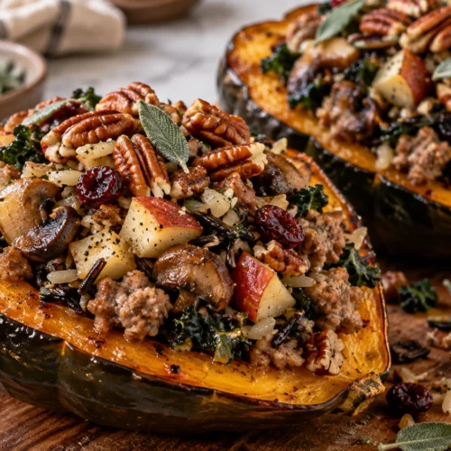 A roasted acorn squash filled with a savory mixture of chicken sausage, wild rice, mushrooms, and kale, topped with toasted pecans and sage.