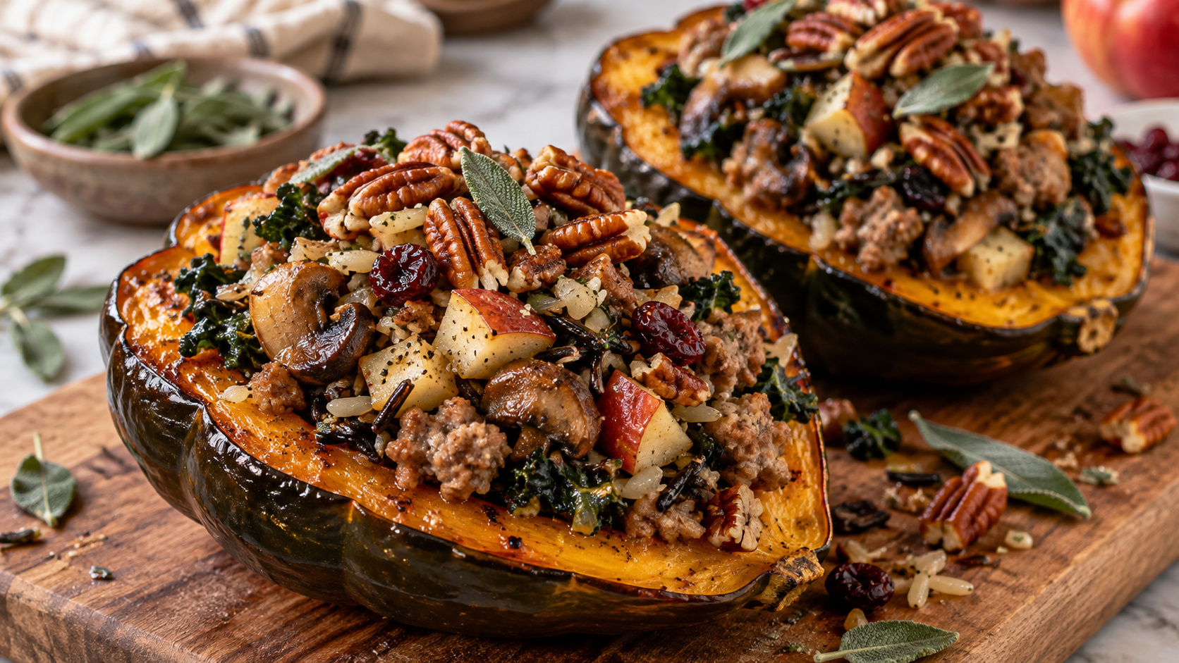 A roasted acorn squash filled with a savory mixture of chicken sausage, wild rice, mushrooms, and kale, topped with toasted pecans and sage.