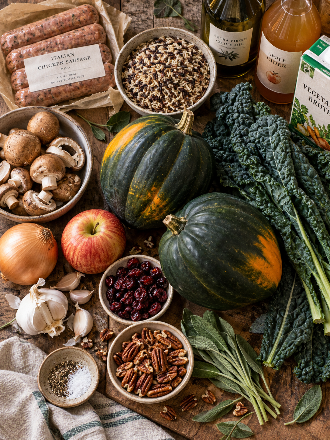 A selection of ingredients, including acorn squash, chicken sausage, wild rice, mushrooms, onion, garlic, apple, cranberries, kale, olive oil, and spices, arranged on a wooden cutting board.