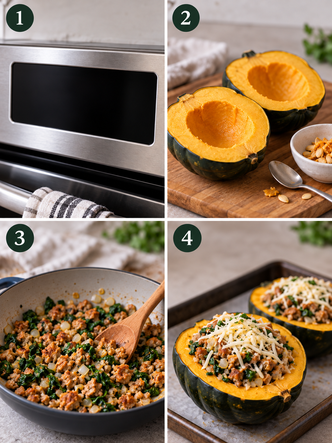 A step-by-step guide to preparing the stuffed acorn squash, including cooking the chicken sausage, filling the squash, and baking until golden brown.