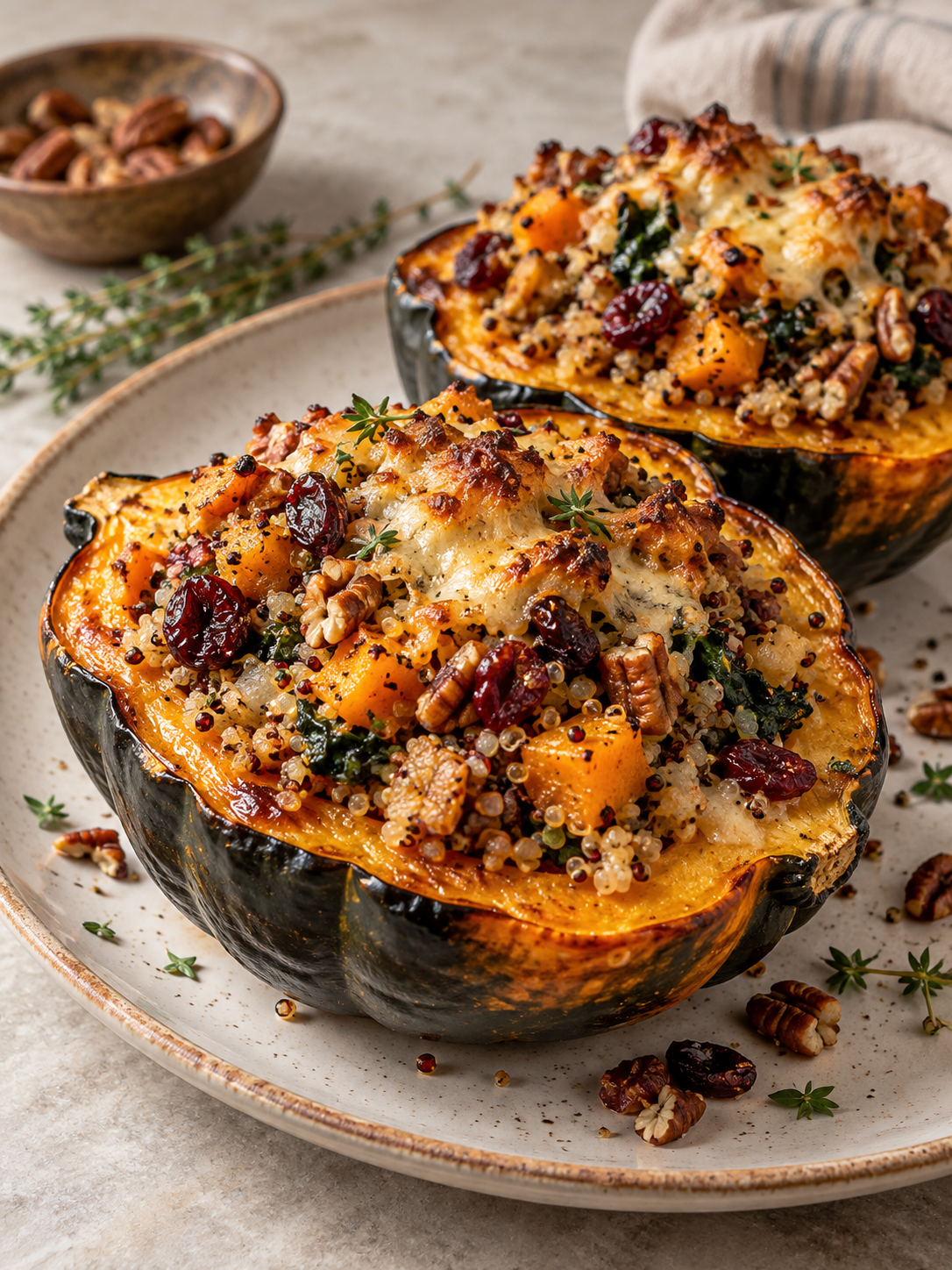 A baked stuffed acorn squash, filled with a savory mixture of chicken sausage, wild rice, and roasted vegetables, served on a plate and ready to eat.