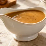 A small sauceboat of turkey gravy without drippings on a light wood kitchen table