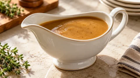 A small sauceboat of turkey gravy without drippings on a light wood kitchen table