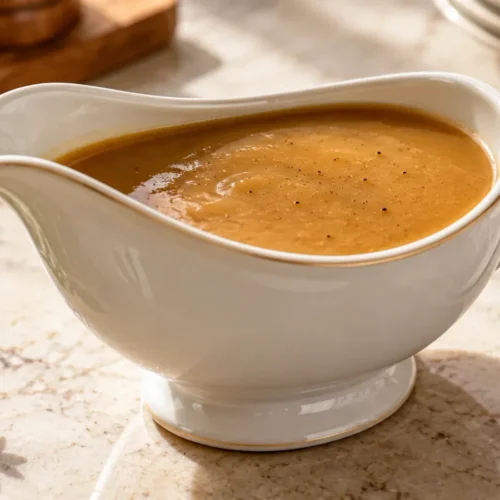 A small sauceboat of turkey gravy without drippings on a light wood kitchen table