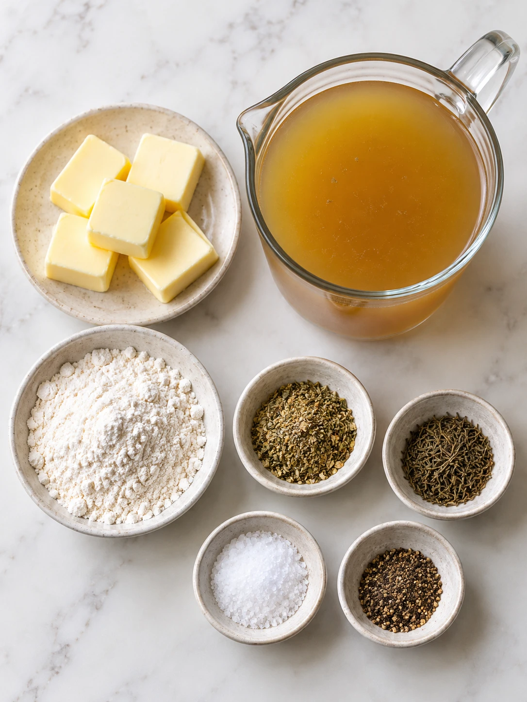 Unsalted butter, all-purpose flour, turkey broth, poultry seasoning, dried thyme, salt, and black pepper arranged on a light-colored surface