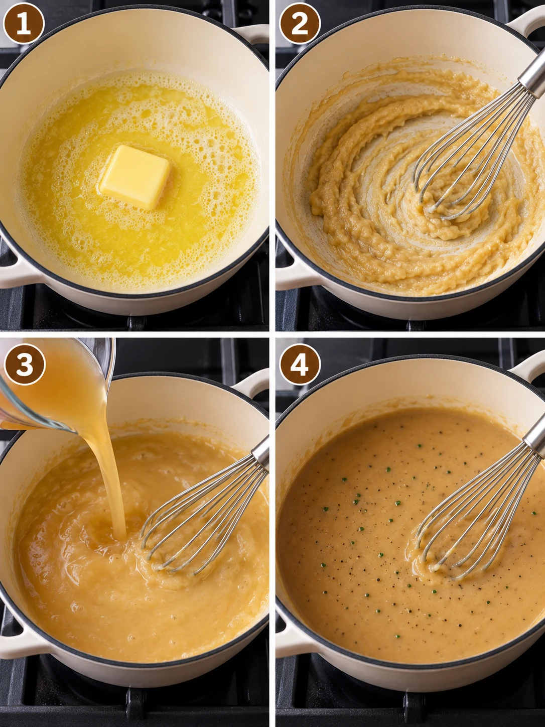 A collage of steps to make turkey gravy without drippings, including melting butter and whisking in flour