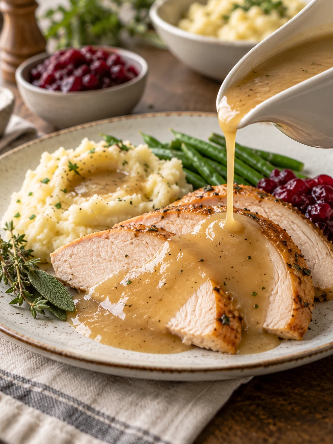 Turkey gravy without drippings being poured over a roasted turkey
