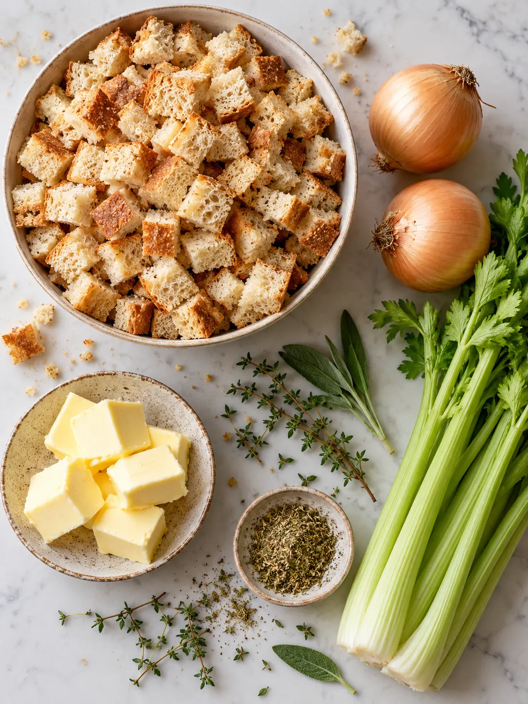 A flat-lay arrangement of dry bread cubes, yellow onions, celery, and butter, with a few fresh herbs and poultry seasoning