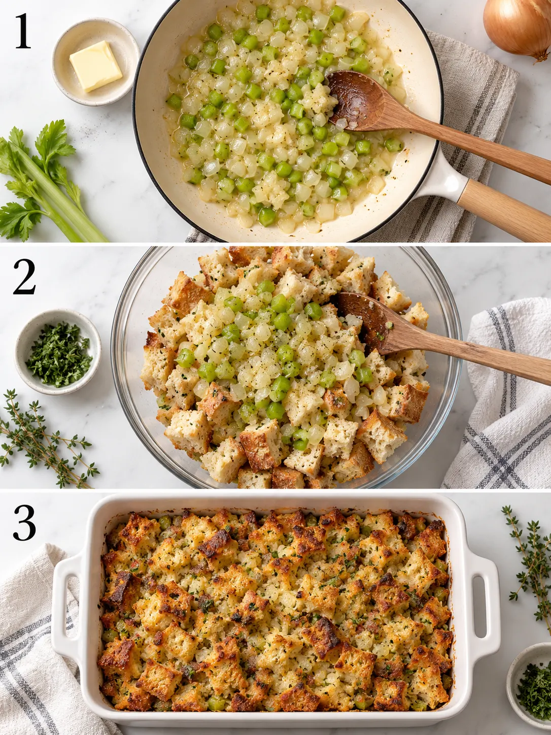 A step-by-step collage of the turkey stuffing recipe, showing the sautéing, mixing, and baking steps