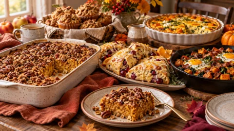 A beautiful fall brunch table spread featuring pumpkin baked oatmeal, cranberry orange scones, apple muffins, and a savory sweet potato hash on a rustic wooden table.