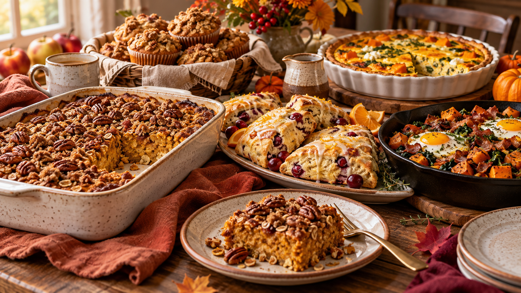 A beautiful fall brunch table spread featuring pumpkin baked oatmeal, cranberry orange scones, apple muffins, and a savory sweet potato hash on a rustic wooden table.