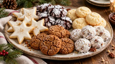 A diverse Christmas cookie platter featuring decorated sugar cookies, chocolate crinkles, molasses cookies, cheesecake cookies, and pecan snowballs on a rustic wooden table.