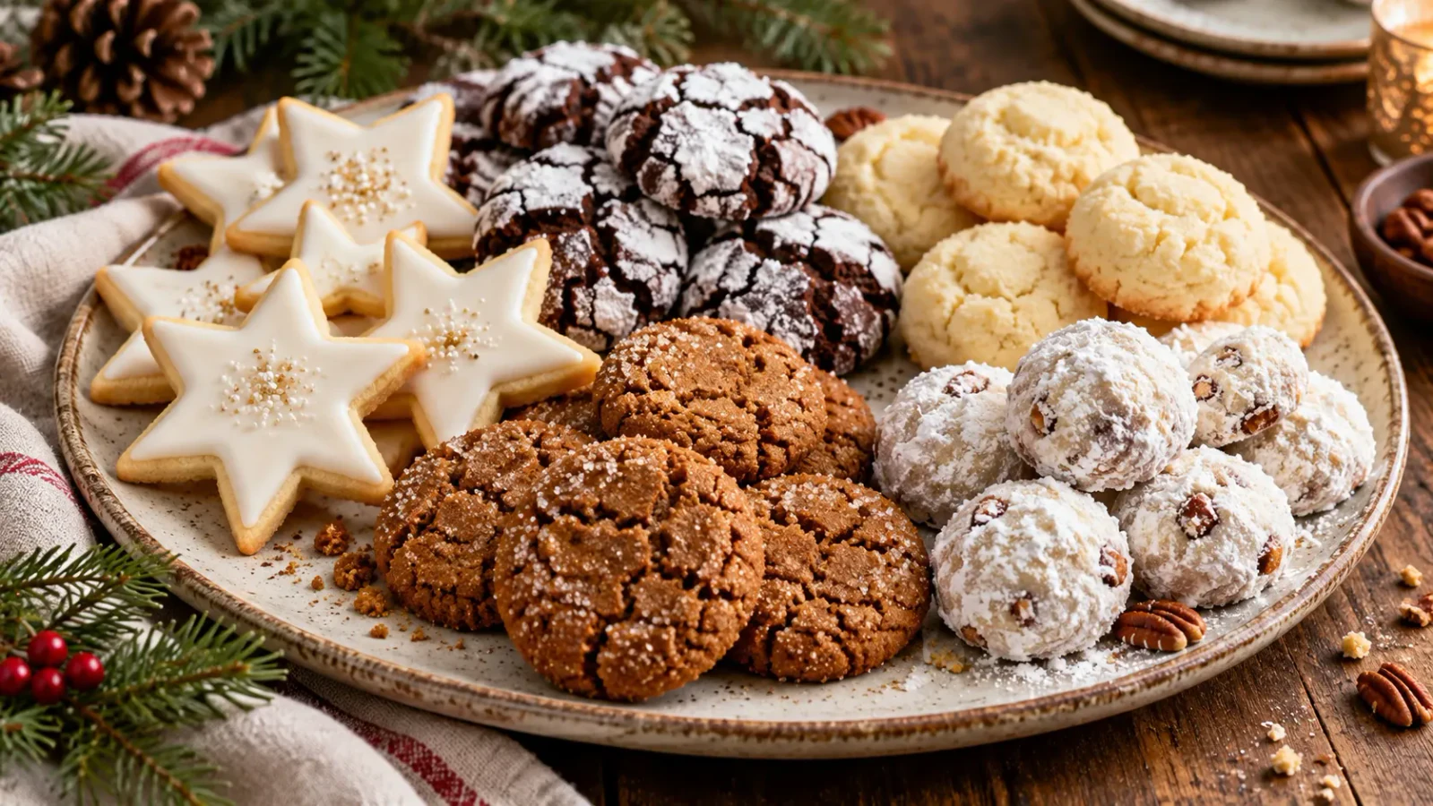 A diverse Christmas cookie platter featuring decorated sugar cookies, chocolate crinkles, molasses cookies, cheesecake cookies, and pecan snowballs on a rustic wooden table.