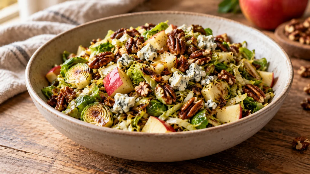 A wide shot of a sautéed Brussels sprout salad with diced apples, toasted pecans, and blue cheese in a ceramic bowl on a wooden table.