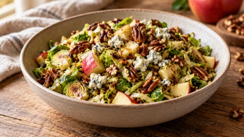 A wide shot of a sautéed Brussels sprout salad with diced apples, toasted pecans, and blue cheese in a ceramic bowl on a wooden table.
