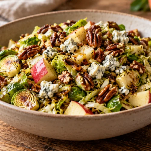 A wide shot of a sautéed Brussels sprout salad with diced apples, toasted pecans, and blue cheese in a ceramic bowl on a wooden table.