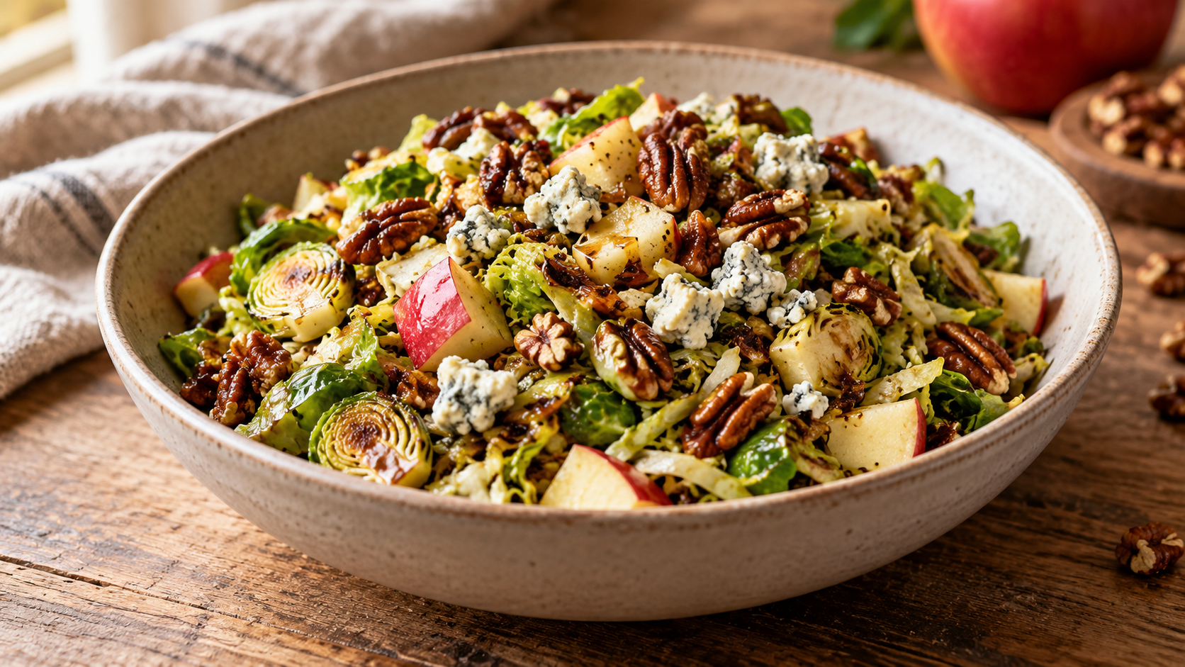 A wide shot of a sautéed Brussels sprout salad with diced apples, toasted pecans, and blue cheese in a ceramic bowl on a wooden table.