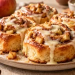 A few freshly baked apple cinnamon rolls, golden brown and topped with cream cheese icing, arranged on a wooden table