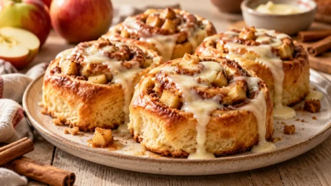 A few freshly baked apple cinnamon rolls, golden brown and topped with cream cheese icing, arranged on a wooden table
