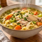A steaming hot bowl of whole chicken chicken noodle soup, with chicken and noodles in a savory broth, garnished with chopped fresh herbs.
