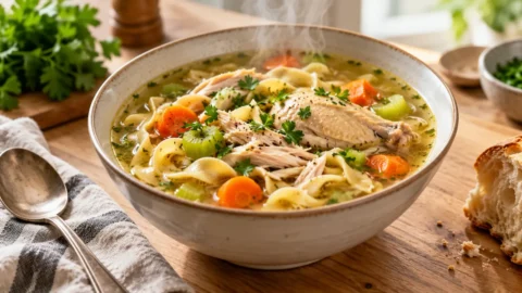 A steaming hot bowl of whole chicken chicken noodle soup, with chicken and noodles in a savory broth, garnished with chopped fresh herbs.