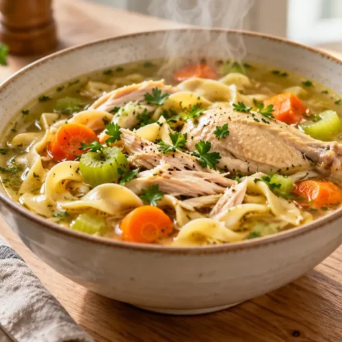 A steaming hot bowl of whole chicken chicken noodle soup, with chicken and noodles in a savory broth, garnished with chopped fresh herbs.
