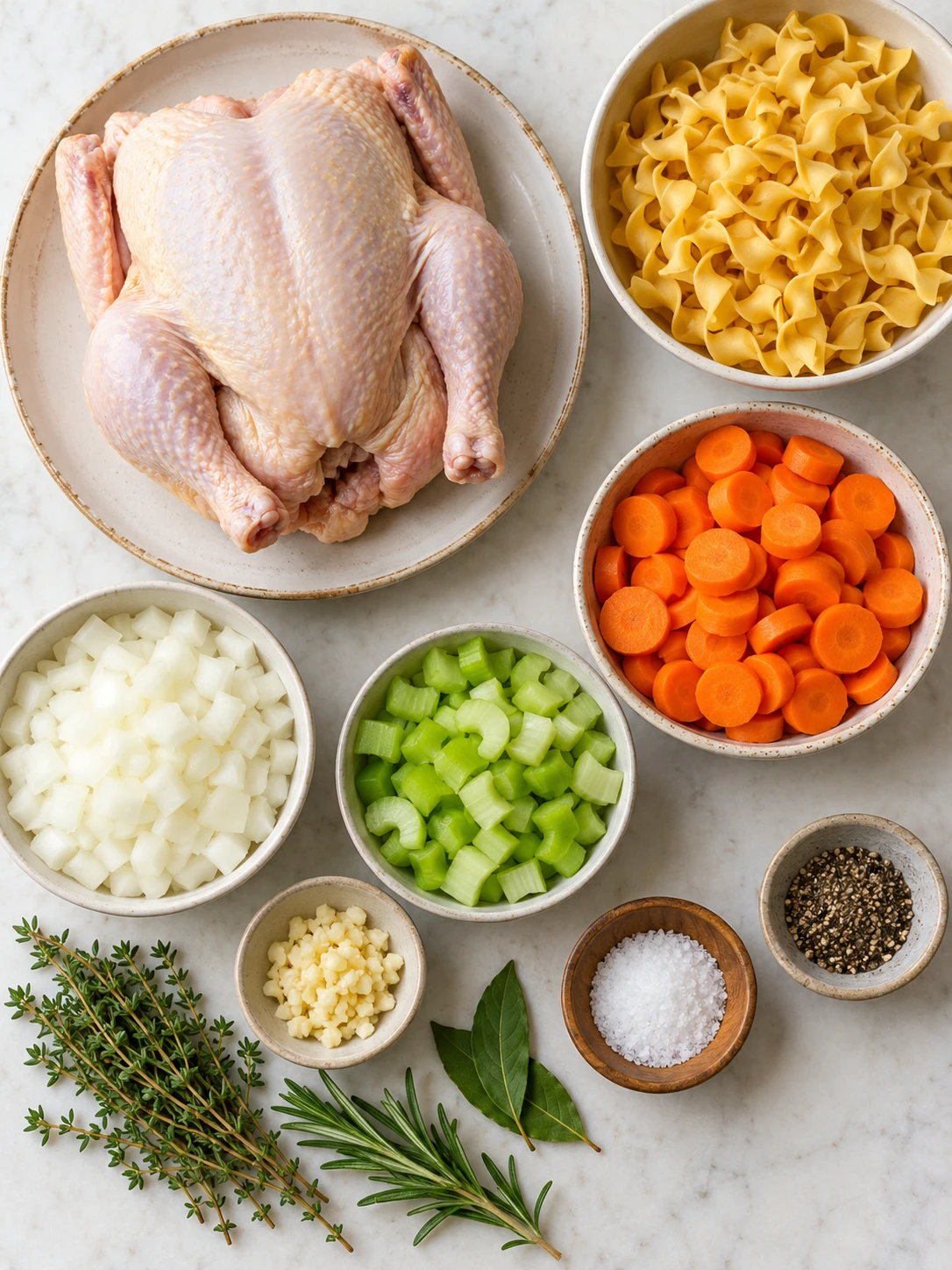 A flat-lay arrangement of ingredients for whole chicken chicken noodle soup, including a whole chicken, chopped vegetables, herbs, and egg noodles.