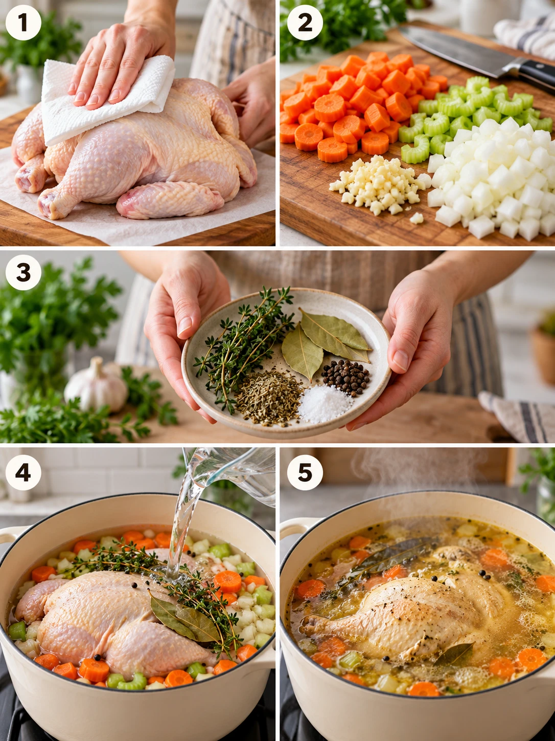 A step-by-step guide to making whole chicken chicken noodle soup, with panels showing the key steps and actions.