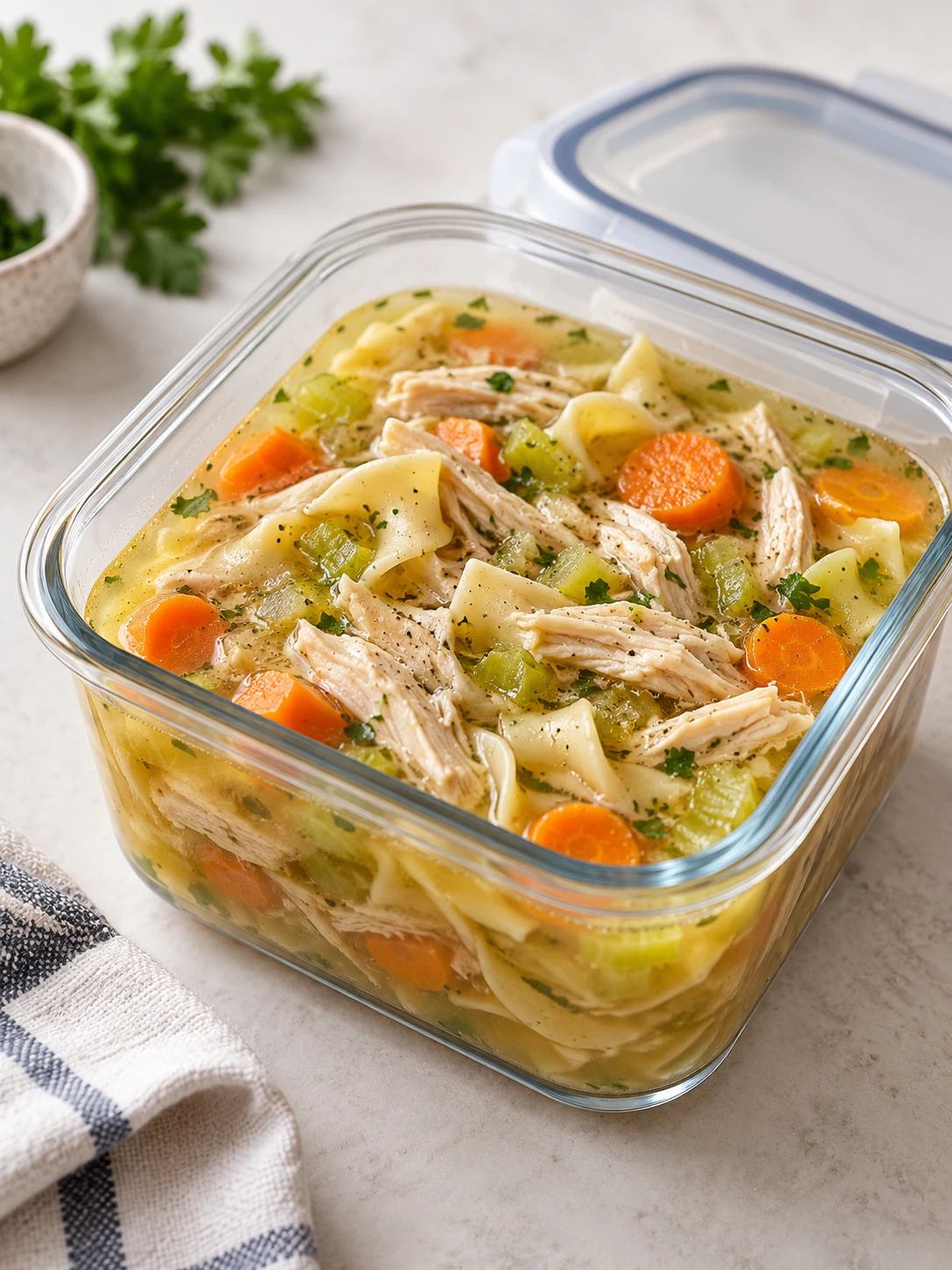 A storage container filled with leftover whole chicken chicken noodle soup, placed on a light-colored surface.